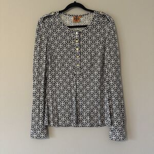 Tory Burch Medium Navy‎ Blue White Medallion Gold Button Front Long Sleeve Top